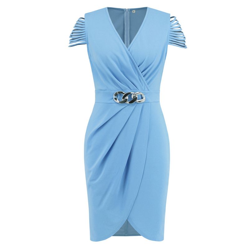 Women's Wrap Dress - V-Neck - Cut-Out Fringed Sleeves - Chain Belt - Knee-Length Elegant