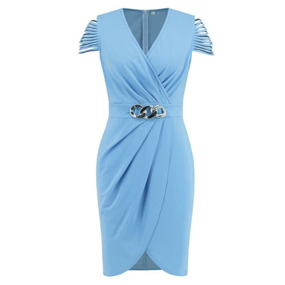 Women's Wrap Dress - V-Neck - Cut-Out Fringed Sleeves - Chain Belt - Knee-Length Elegant