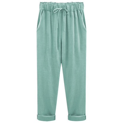 Women's Linen Pants - Loose Fit - Elastic Waist with Drawstring - Cropped Casual Wear