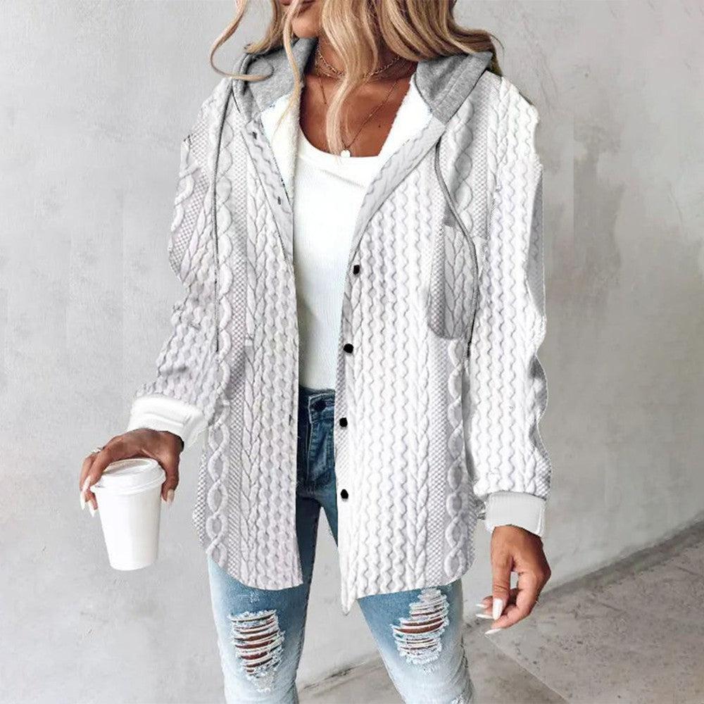 Cable-knit button-up cardigan hoodie for women