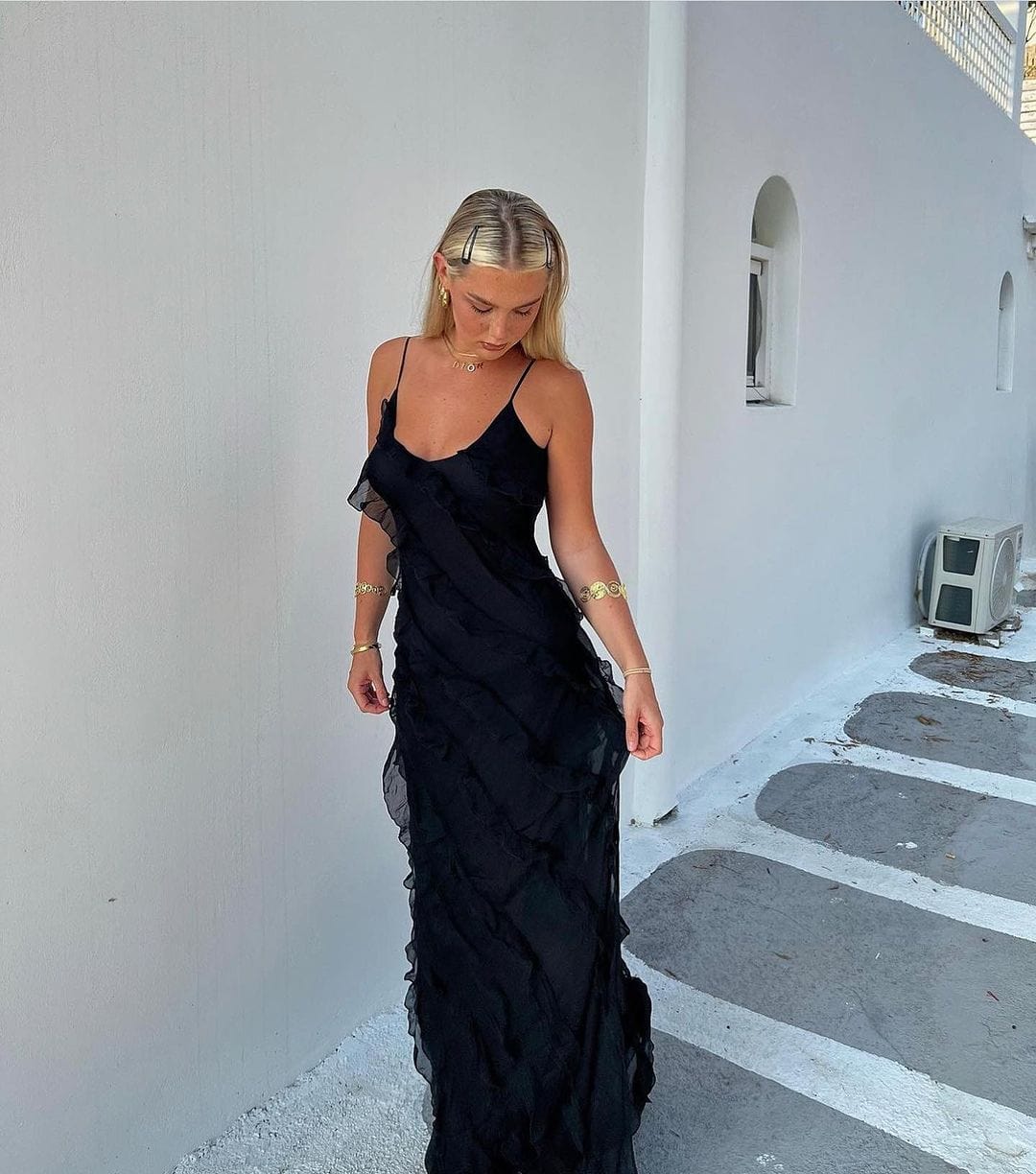 Women’s Maxi Dress – Slim Fit – Chiffon Feel – Spaghetti Straps – Ruffle Detail