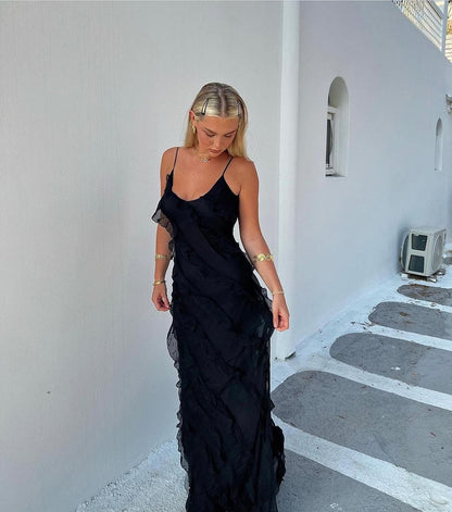 Women’s Maxi Dress – Slim Fit – Chiffon Feel – Spaghetti Straps – Ruffle Detail