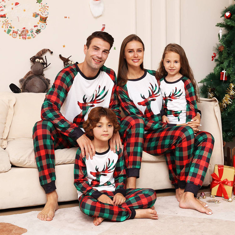 Plaid family matching reindeer Christmas pajamas set