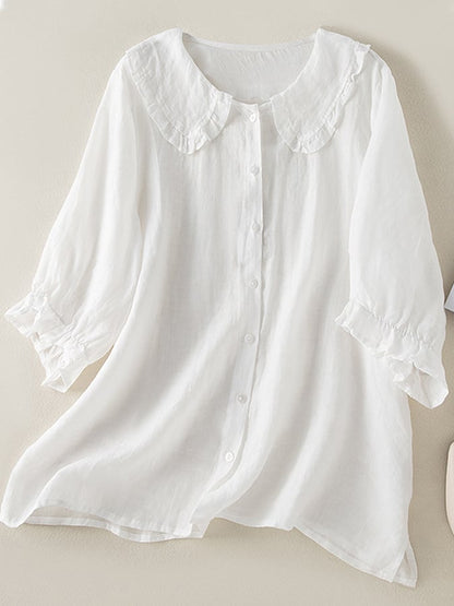 Women's Blouse - Comfortable Fiber Blend - Loose Fit - Button-Up - Ruffled Collar & Cuffs
