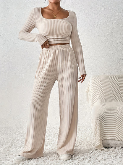 Two-piece ribbed crop top and wide-leg pants lounge set for women