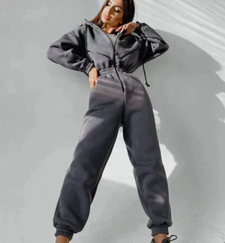 Women's Jumpsuit - Hooded One-Piece - Elastic Waist - Long Sleeve Jogger Style