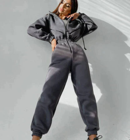 Women's Jumpsuit - Hooded One-Piece - Elastic Waist - Long Sleeve Jogger Style