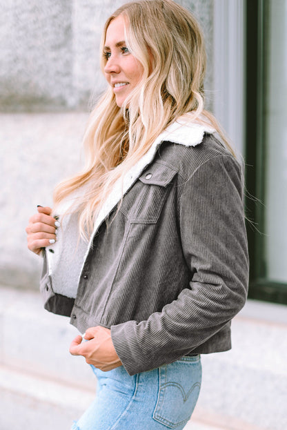 Women's Corduroy Jacket - Cropped Fit - Faux Shearling Collar - Button Closure