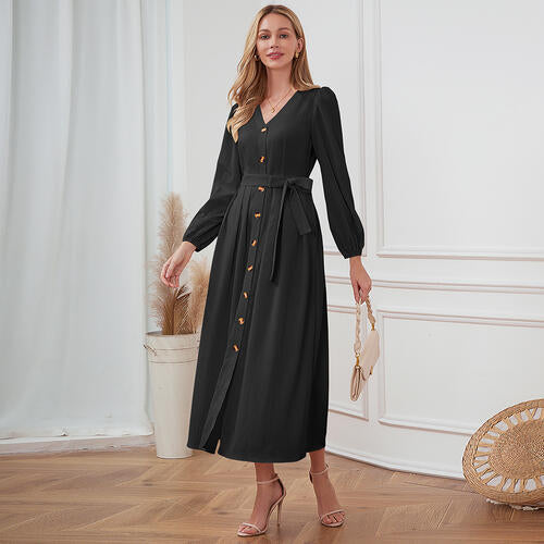 Women's Maxi Dress - V-Neck Button Front - Long Sleeve Tie Waist Flowy Fit