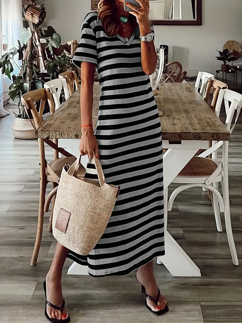 Women's Casual Dress - Striped Pattern - V-Neck - Short Sleeve - Breathable Relaxed Fit