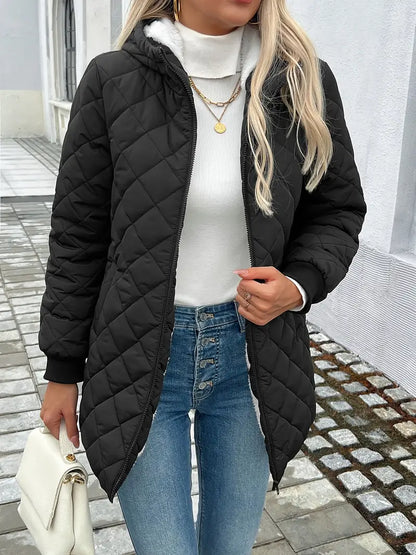 Women’s Quilted Jacket - Hooded - Fleece Lined - Zip Closure - Long Sleeve Casual Fit