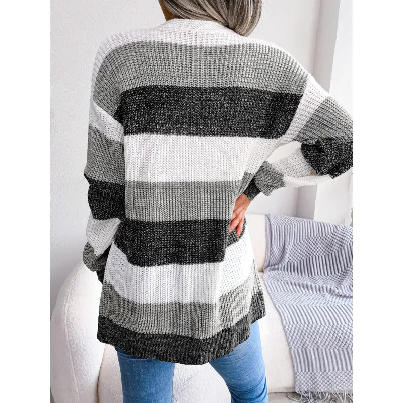 Women's contrast color striped lantern sleeve cardigan