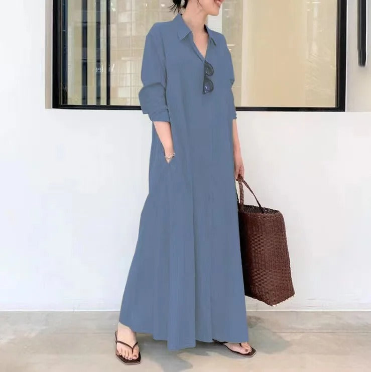 Women's solid color long sleeve pocket casual dress