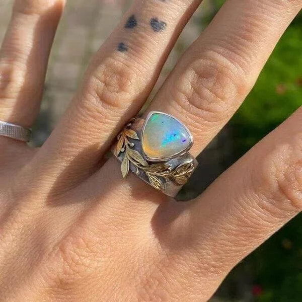 Leaf geometric opal ring