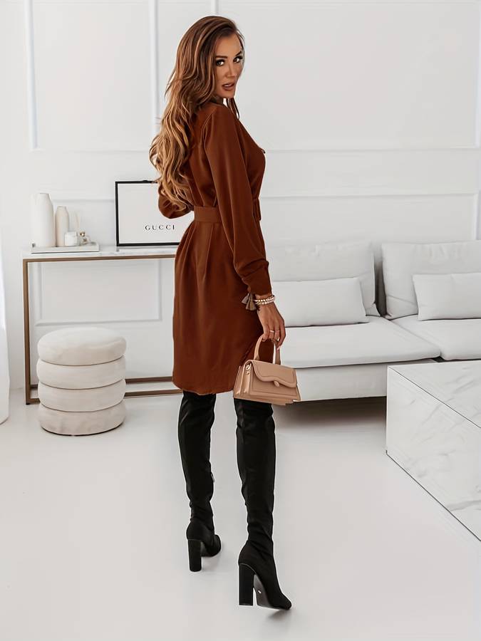 Women's Shirt Dress - Button Down - Collared - Long Sleeve with Waist Belt