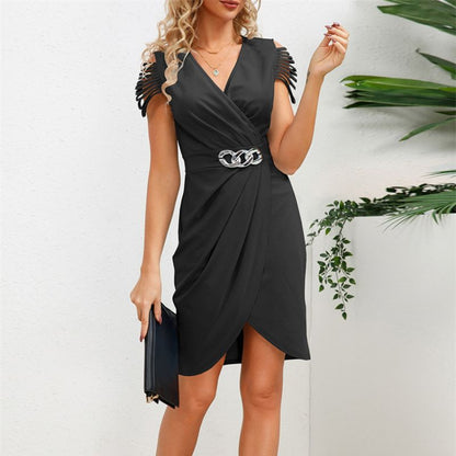 Women's Wrap Dress - V-Neck - Cut-Out Fringed Sleeves - Chain Belt - Knee-Length Elegant