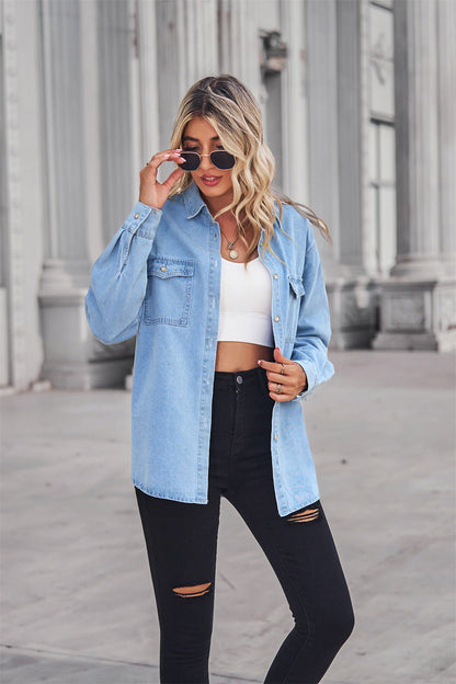 Women's Denim Shirt - Relaxed Fit - Button Down - Long Sleeve - Chest Pockets