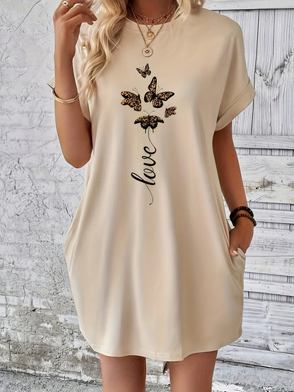 Women's T-Shirt Dress - Short Sleeve Loose Fit - Graphic Print - Pocket Casual Wear