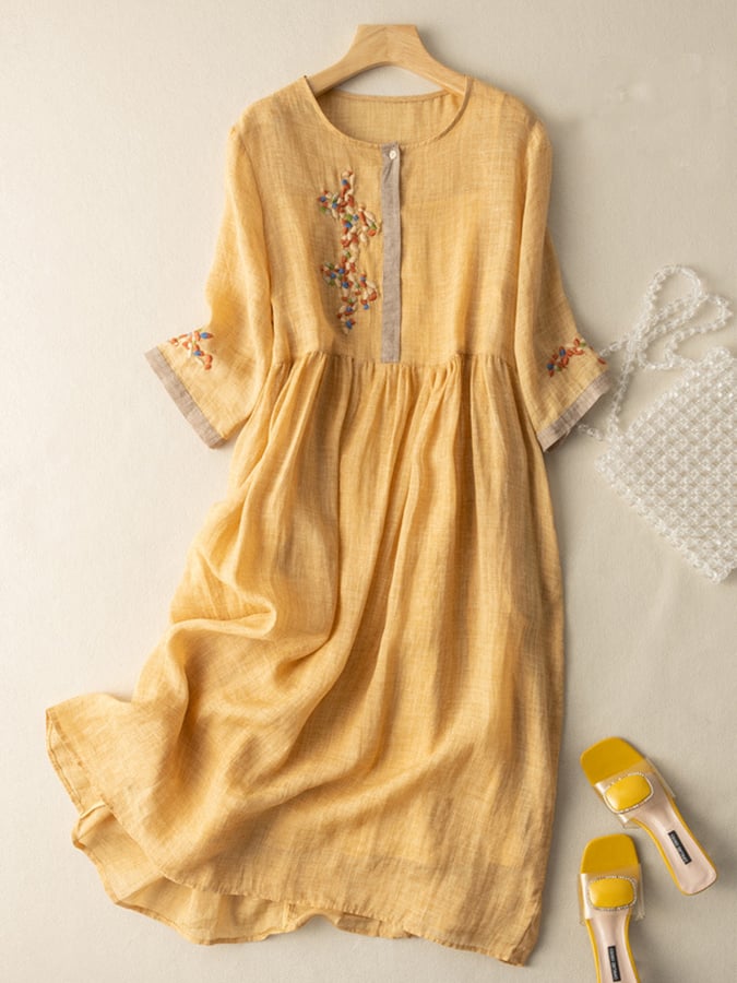 Zarah - ethnic style embroidered cotton and linen dress