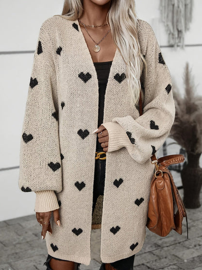 Women’s Cardigan – Wool Knit – Oversized Fit – Open Front – Heart Pattern – Long Sleeve