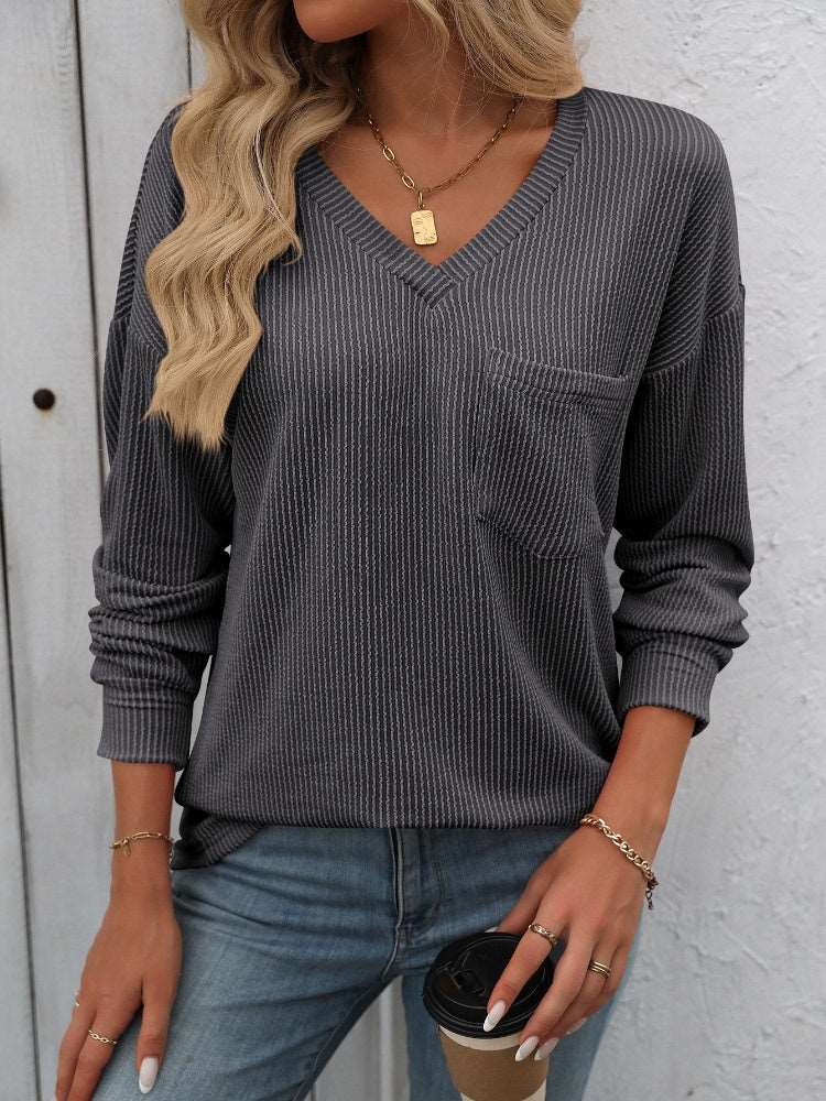 Women's V-Neck Sweater - Textured Knit - Long Sleeve - Relaxed Fit - Chest Pocket