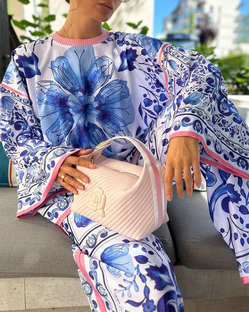 Women's blue and white porcelain print casual two-piece set