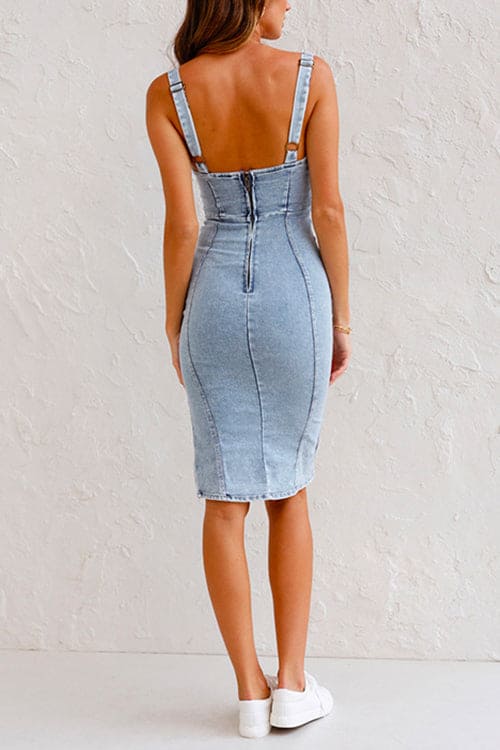 High Slit Zipper Detail Denim Bodycon Dress