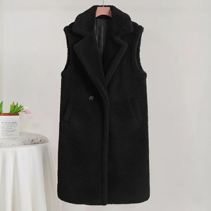 Women’s Teddy Coat – Sleeveless – Oversized Fit – Plush Sherpa Texture – Lapel Collar