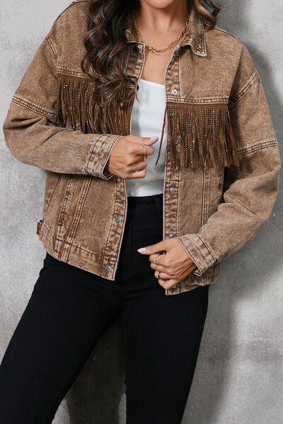 Women's snap button fringe denim jacket
