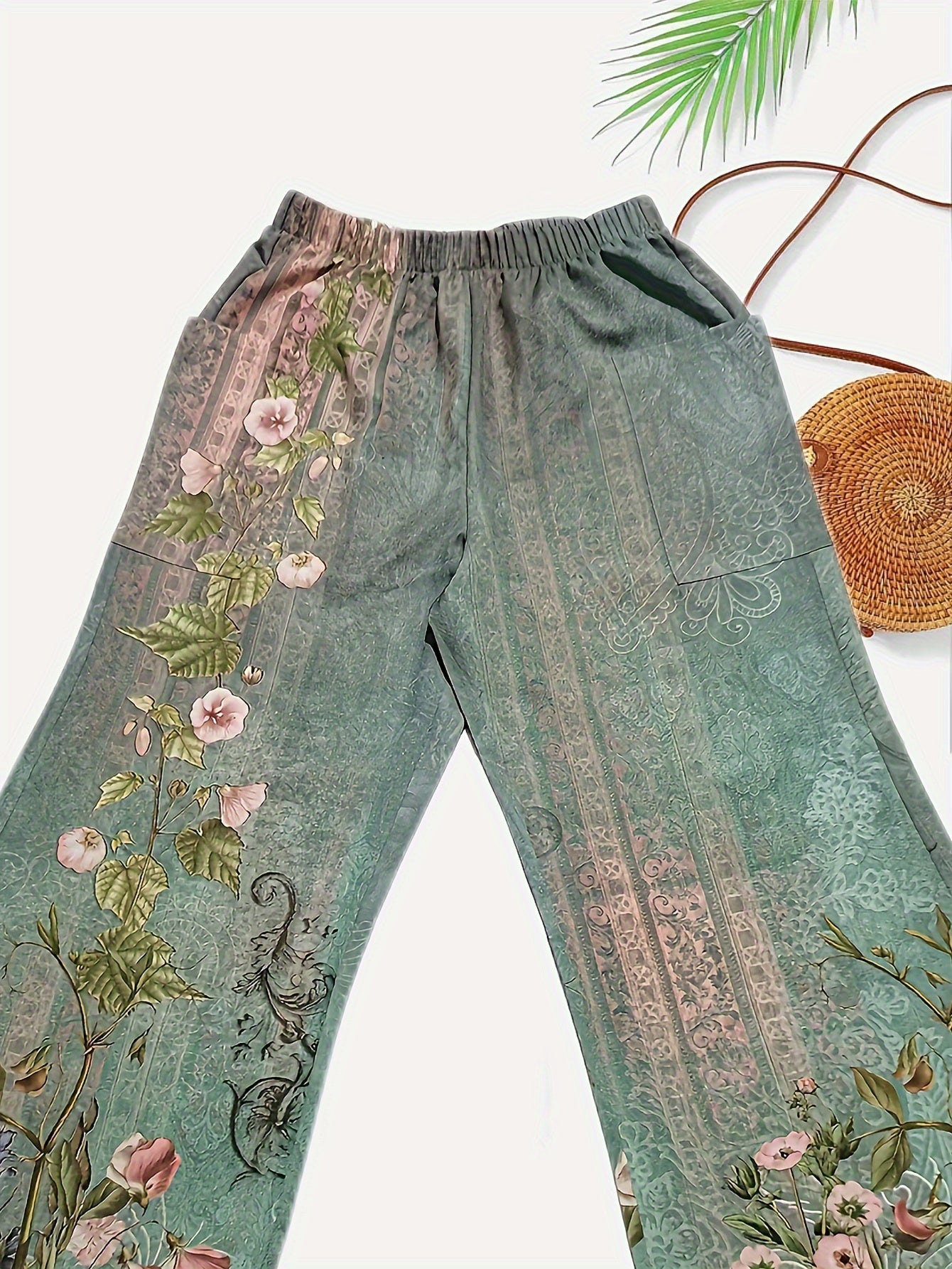Green floral printed high-waist wide-leg casual pants for women