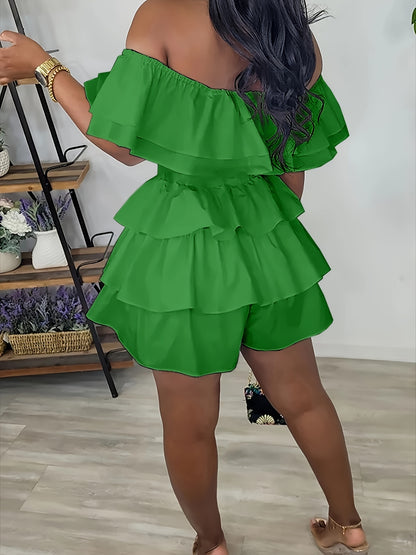 Women's Off-Shoulder Romper - Layered Ruffle Design - Elastic Waist - Chic & Flowy