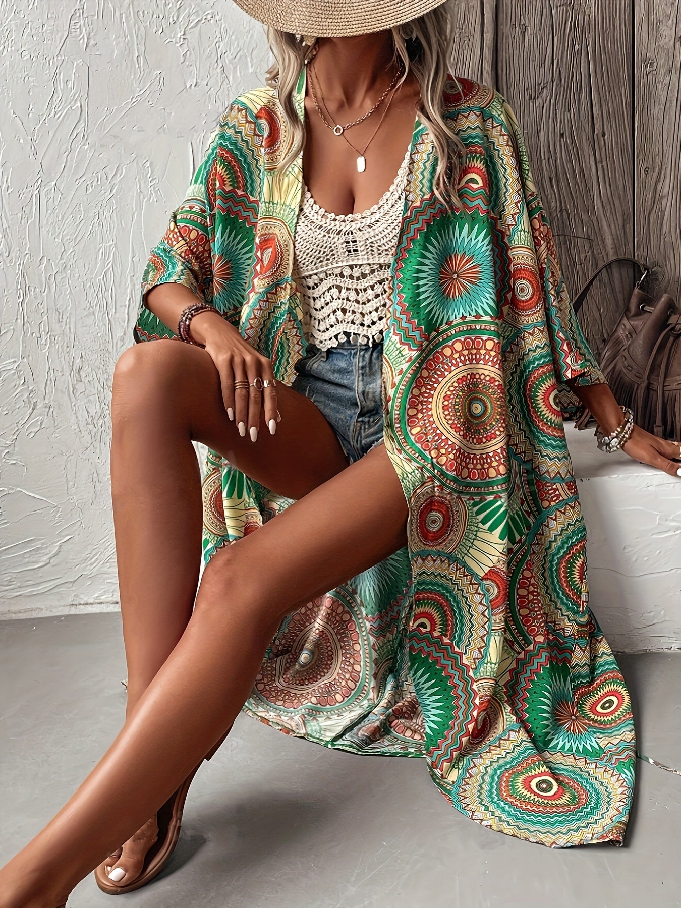 Ethnic style printed casual jacket with belted cover up for women