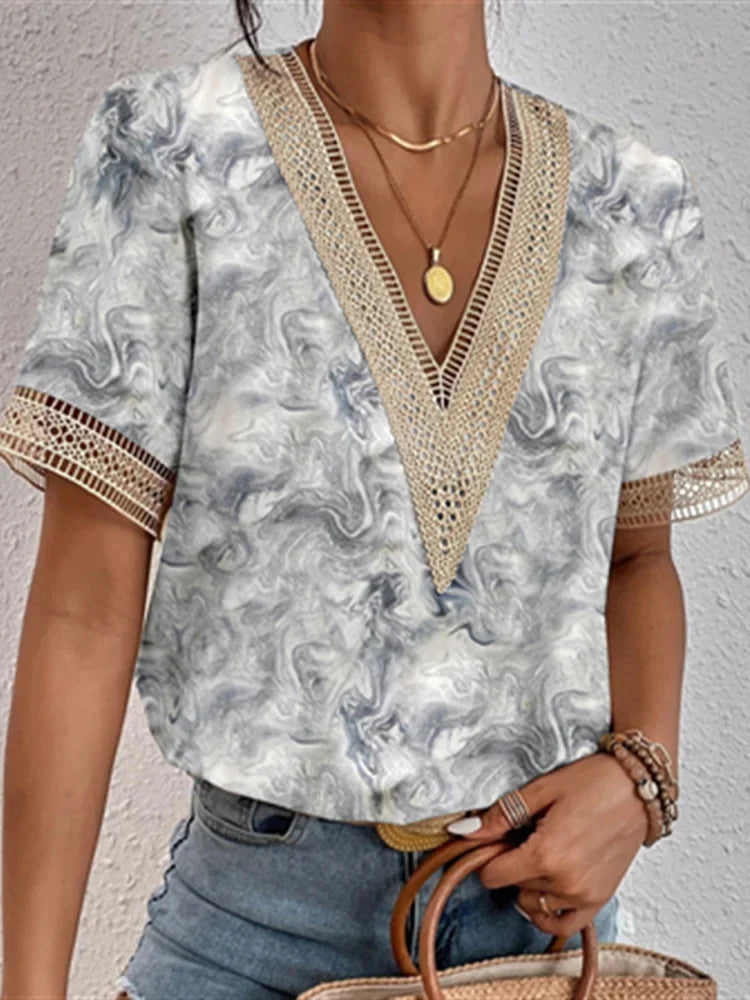 Women's Blouse - V-Neck Lace Trim - Relaxed Fit - Stylish Marble Pattern