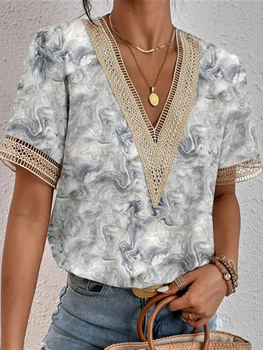 Lace Trim Marble Pattern Relaxed Blouse