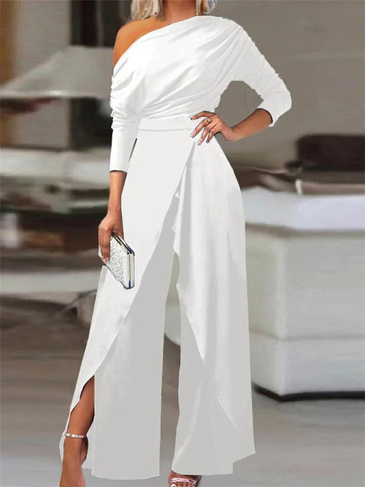 Women's One-Shoulder Jumpsuit - Draped Fit - Wide-Leg Elegant Evening Wear