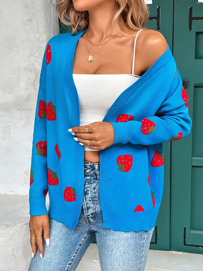 Strawberry print open-front cardigan with long sleeves and ribbed edges for women