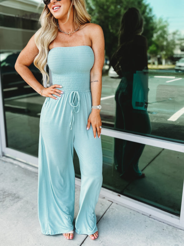 Women's Strapless Jumpsuit - Smocked Bodice - Adjustable Drawstring Waist - Wide Leg