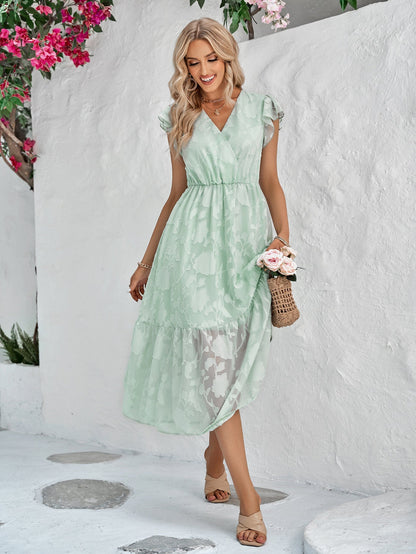 Women's Floral Dress - V-Neck - Short Ruffled Sleeves - Fitted Waist - Flowy Knee-Length