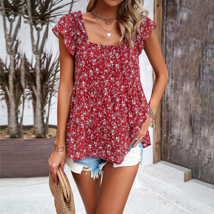 Women's Blouse - Square Neck - Flutter Sleeve - Relaxed Fit - Floral Print