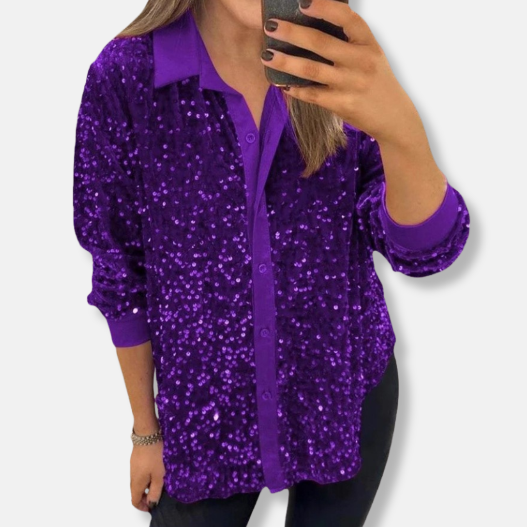Sequin Relaxed Fit Button-Up Long Sleeve Shirt 