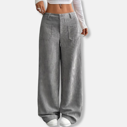 Women’s Pants - Corduroy - High Waist - Wide Leg - Front Patch Pockets