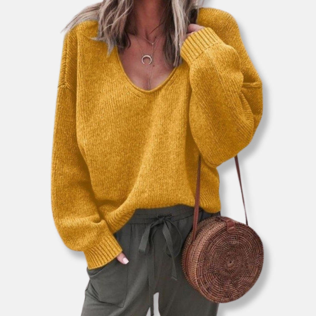 Women’s Sweater – Wool Knit – Relaxed Fit – Deep V-Neck – Long Sleeve Casual Style