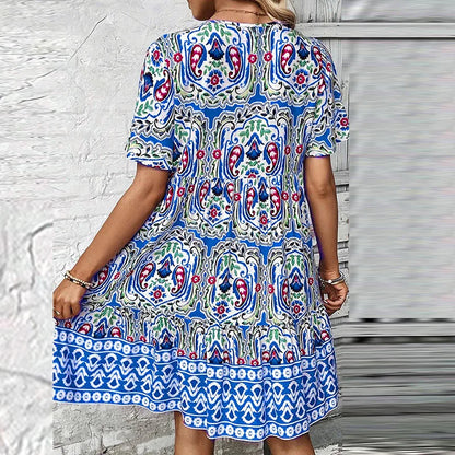 Women's Bohemian Dress - V-Neck Short Sleeve - Flowy Lightweight Casual Wear