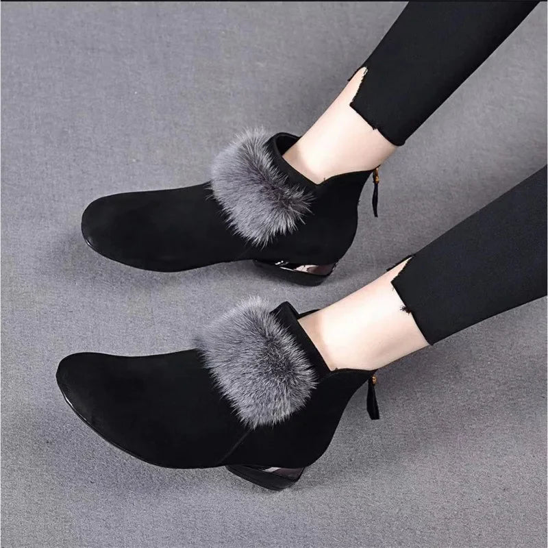 Velvet cotton short boots with thick heel for women