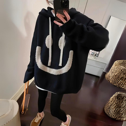 Women's smiley print drawstring hooded loose sweater