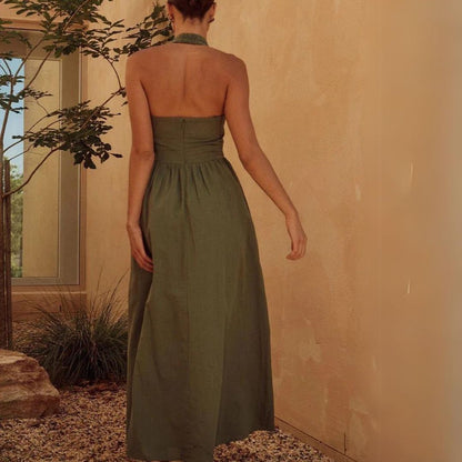Women's halter neck backless dress with A-line midi skirt