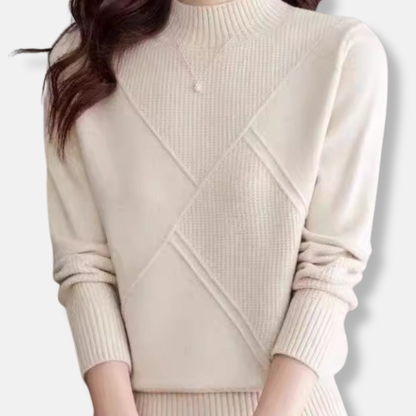 Women’s Sweater - Knit - Mock Neck - Geometric Pattern - Ribbed Cuffs & Hem