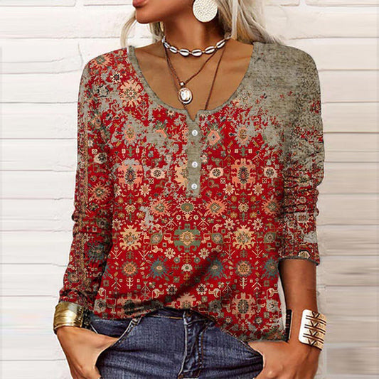 Women's Boho Blouse - Long Sleeve - Henley Neck - Relaxed Fit - Patterned Casual Wear