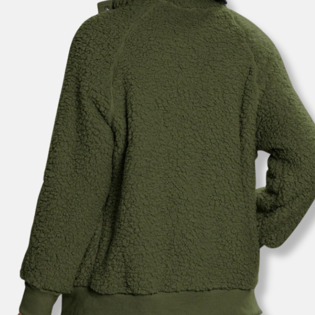 Isla Relaxed Fit Fleece Jacket | Stand Collar Button Front Jacket