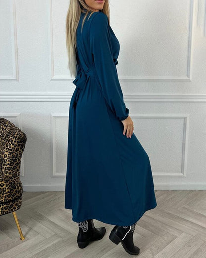 Women's Midi Dress - V-Neck Long Sleeve - Ruched Waist Elegant Flowy Fit